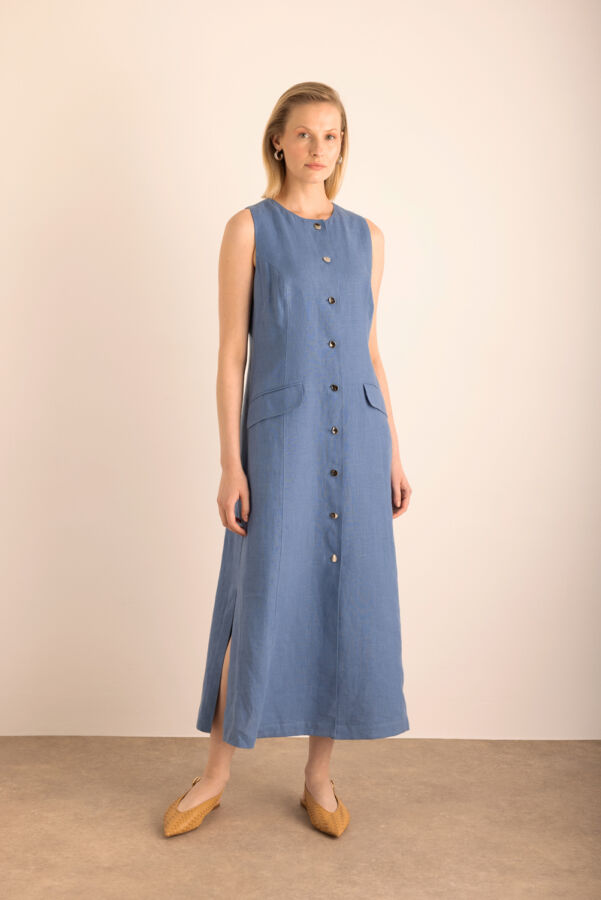 İndigo Cepli , Önden Düğmeli Kolsuz Keten Elbise - 5