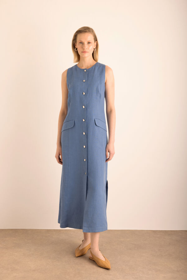 İndigo Cepli , Önden Düğmeli Kolsuz Keten Elbise - 6