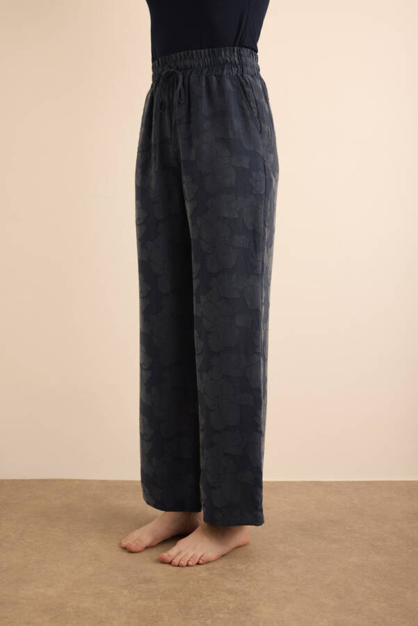 İndigo Çiçek Dokulu Tencel, Beli Lastikli Pijama Altı - 4