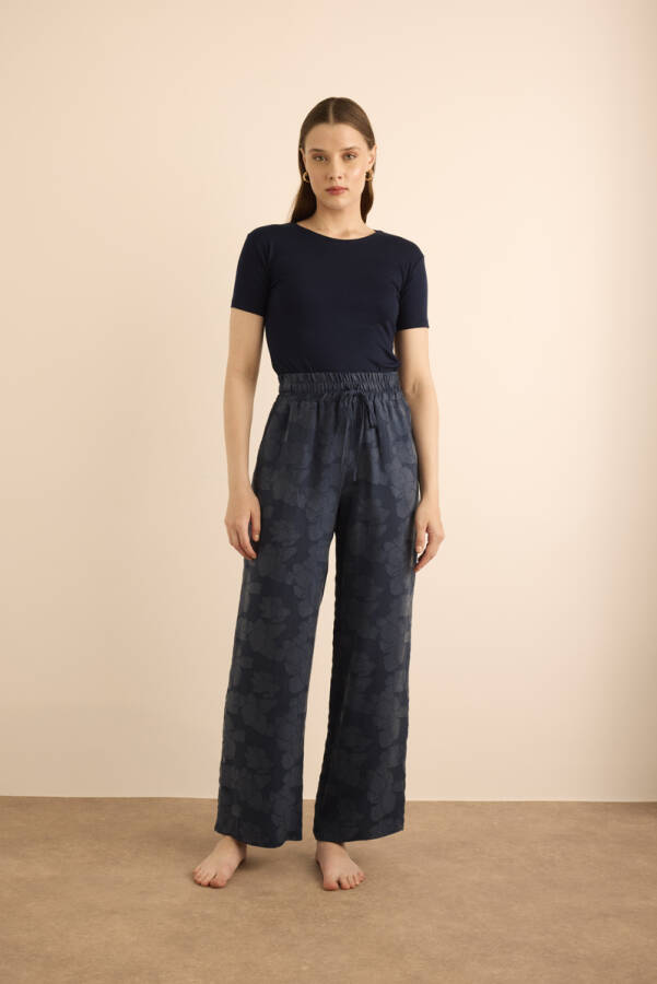 İndigo Çiçek Dokulu Tencel, Beli Lastikli Pijama Altı - 1