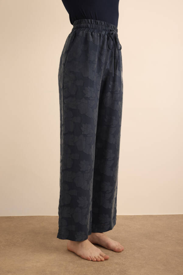 İndigo Çiçek Dokulu Tencel, Beli Lastikli Pijama Altı - 3