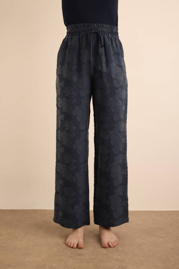 İndigo Çiçek Dokulu Tencel, Beli Lastikli Pijama Altı - 2