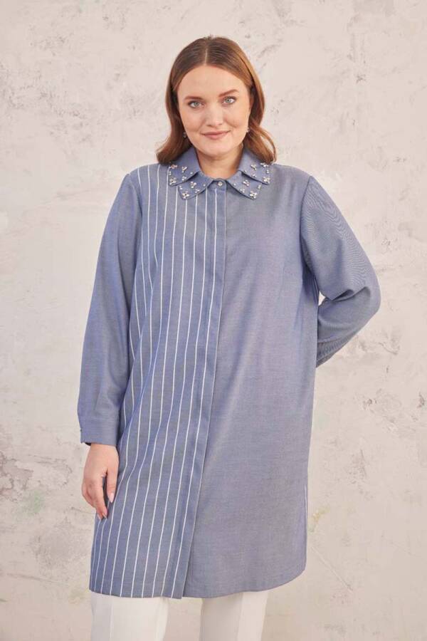 İndigo Çift Yaka Detaylı İşlemeli Tunik - 5