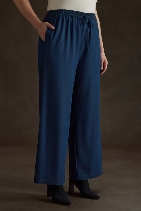 İndigo Denim Görünümlü Beli Lastikli Viscon Pantolon - 3