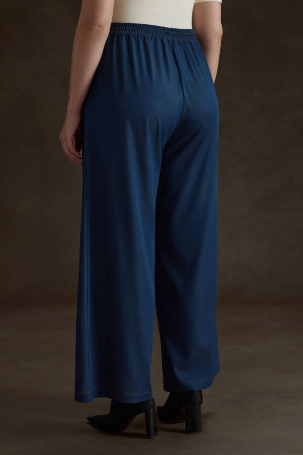 İndigo Denim Görünümlü Beli Lastikli Viscon Pantolon - 5