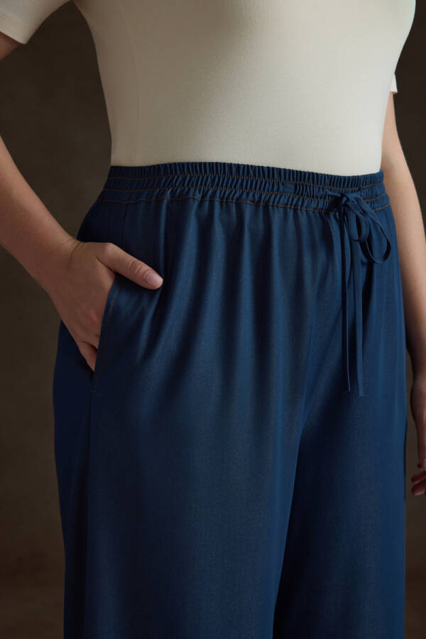 İndigo Denim Görünümlü Beli Lastikli Viscon Pantolon - 4