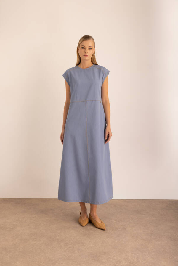 İndigo Denim Görünümlü İnce Kolsuz Elbise - Aker