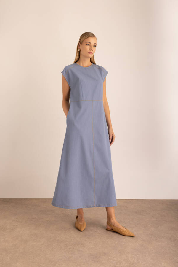 İndigo Denim Görünümlü İnce Kolsuz Elbise - 2