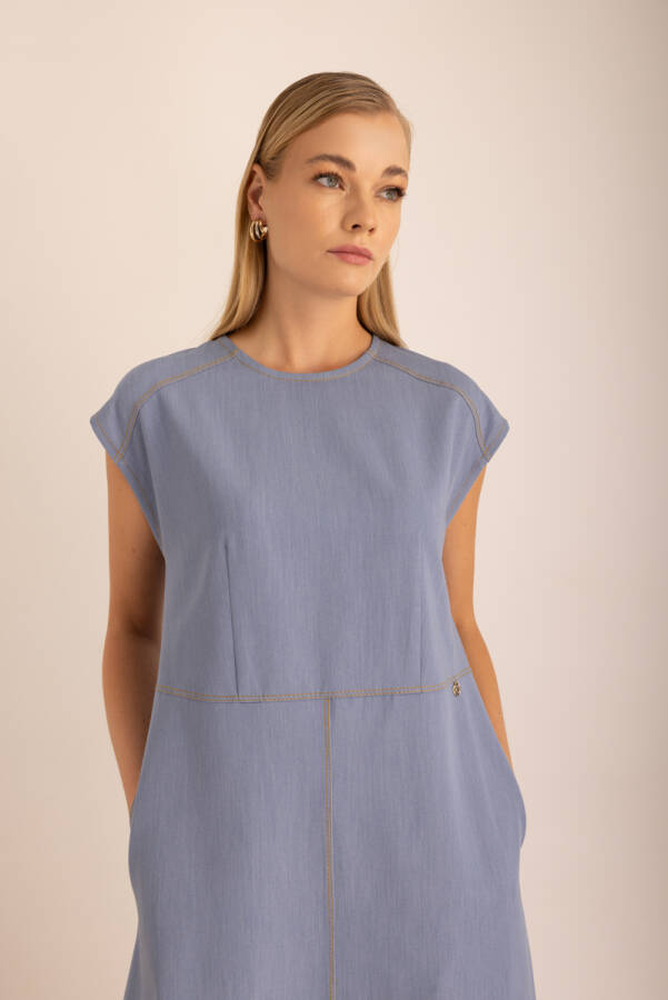 İndigo Denim Görünümlü İnce Kolsuz Elbise - 3