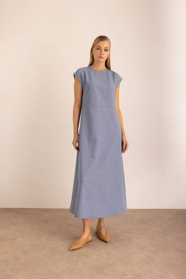 İndigo Denim Görünümlü İnce Kolsuz Elbise - 4