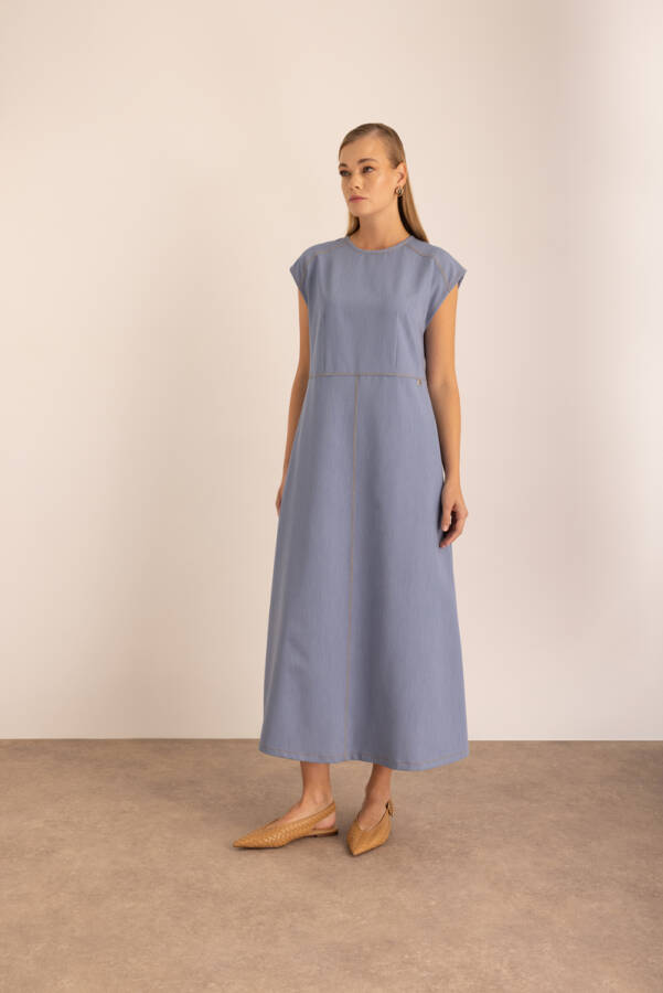 İndigo Denim Görünümlü İnce Kolsuz Elbise - 5