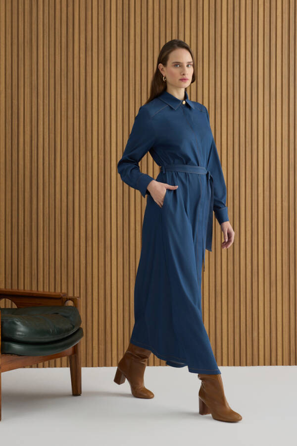 İndigo Denim Görünümlü Viscon Elbise - 1