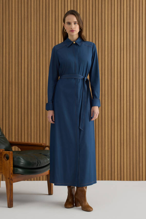 İndigo Denim Görünümlü Viscon Elbise - 4