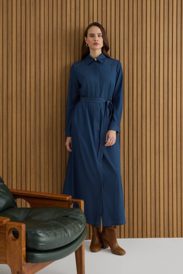 İndigo Denim Görünümlü Viscon Elbise - Aker (1)