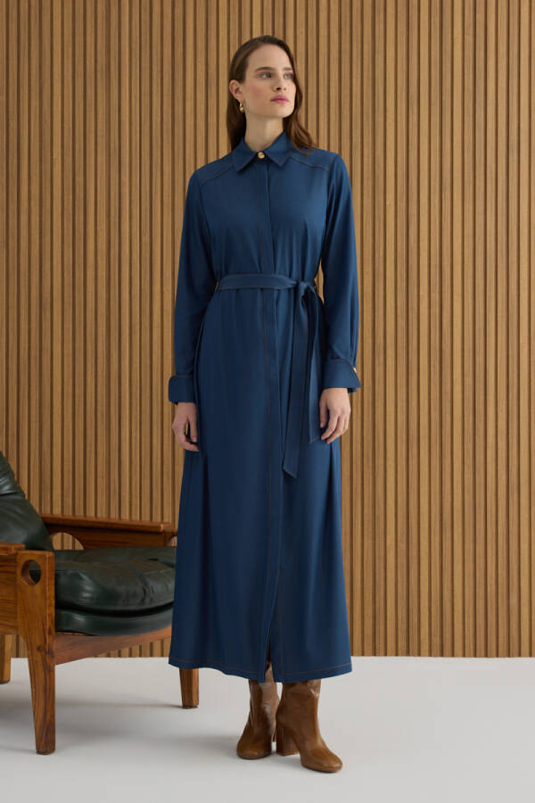 İndigo Denim Görünümlü Viscon Elbise - 3