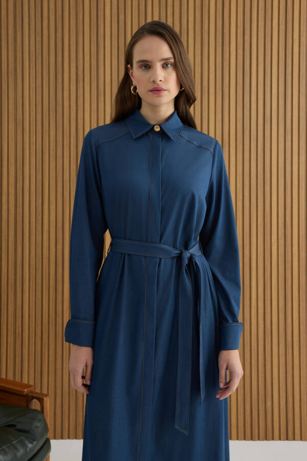 İndigo Denim Görünümlü Viscon Elbise - 5