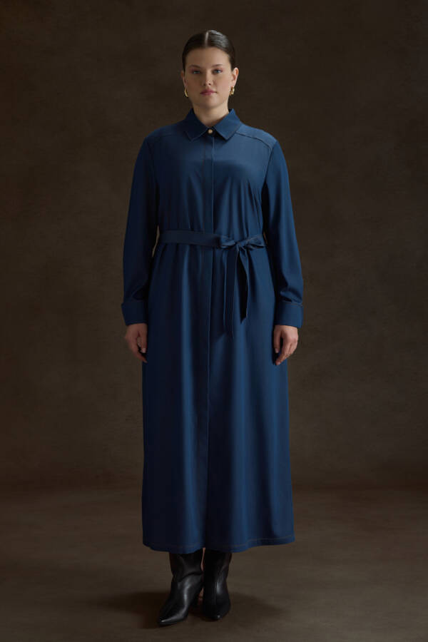 İndigo Denim Görünümlü Viscon Elbise - Aker (1)