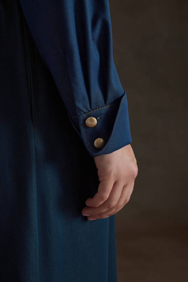 İndigo Denim Görünümlü Viscon Elbise - 4