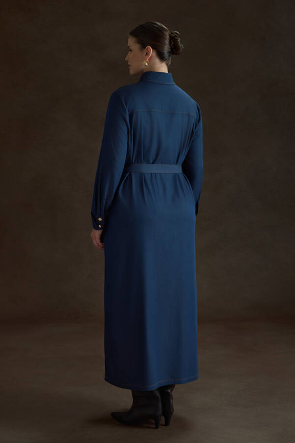 İndigo Denim Görünümlü Viscon Elbise - 5