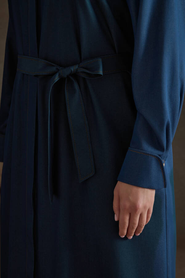 İndigo Denim Görünümlü Viscon Elbise - 3