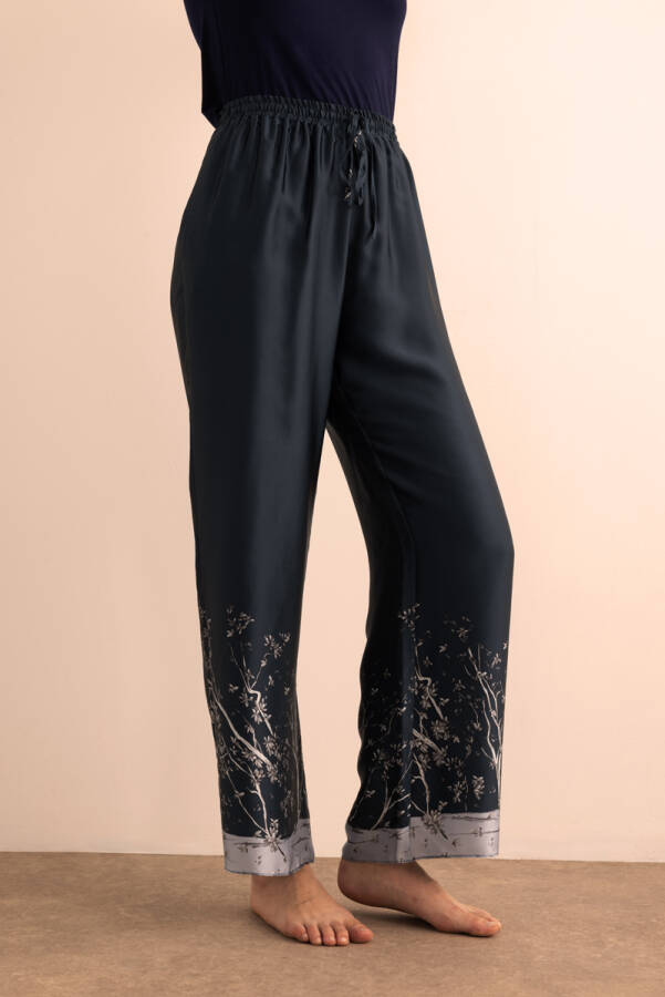 İndigo Desenli İpek ,Beli Lastikli Pijama Altı - 4