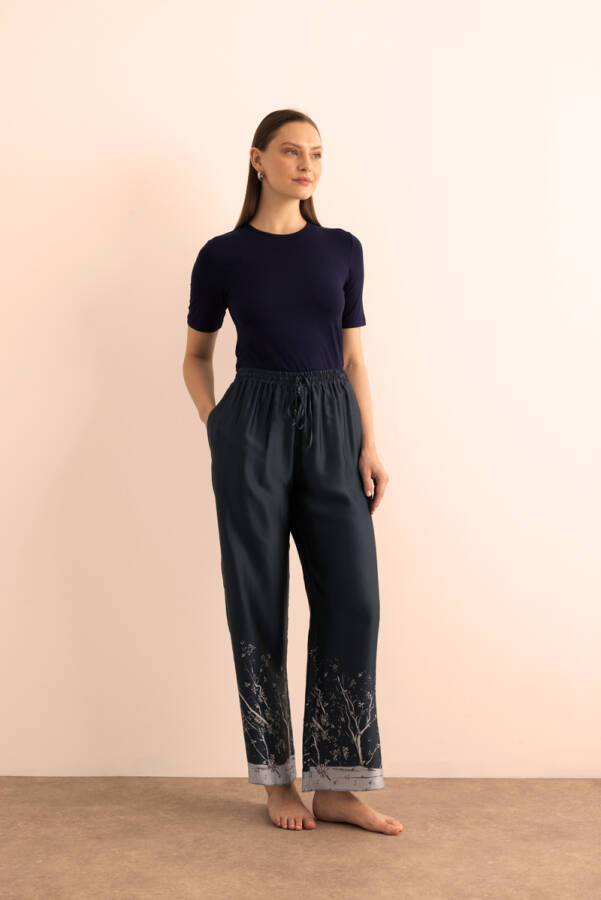 İndigo Desenli İpek ,Beli Lastikli Pijama Altı - 1