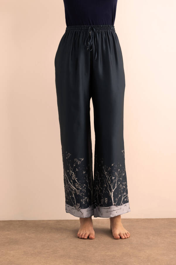 İndigo Desenli İpek ,Beli Lastikli Pijama Altı - 3
