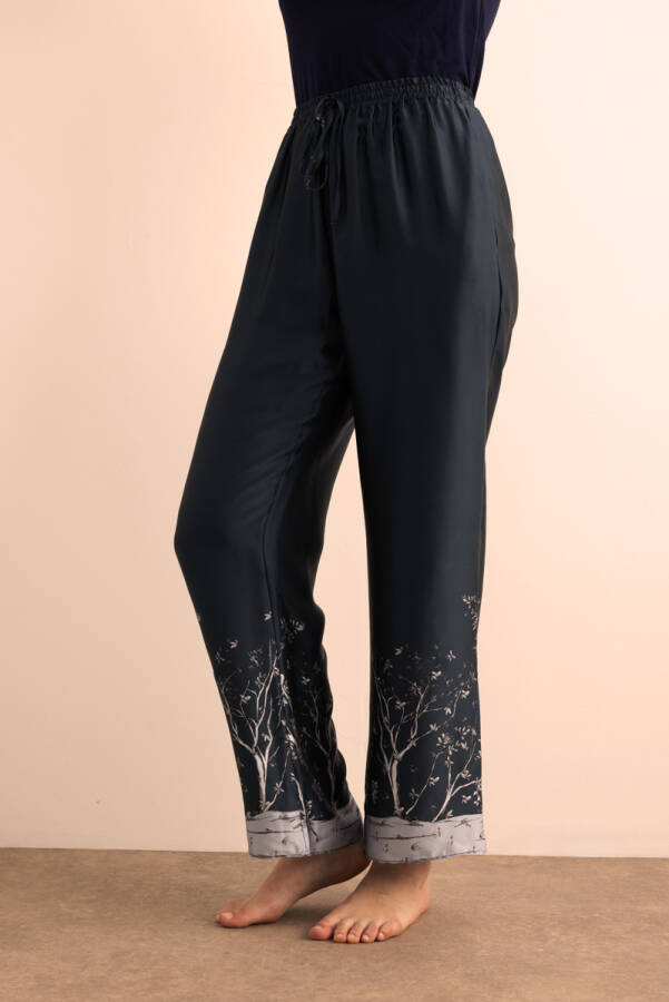 İndigo Desenli İpek ,Beli Lastikli Pijama Altı - 5