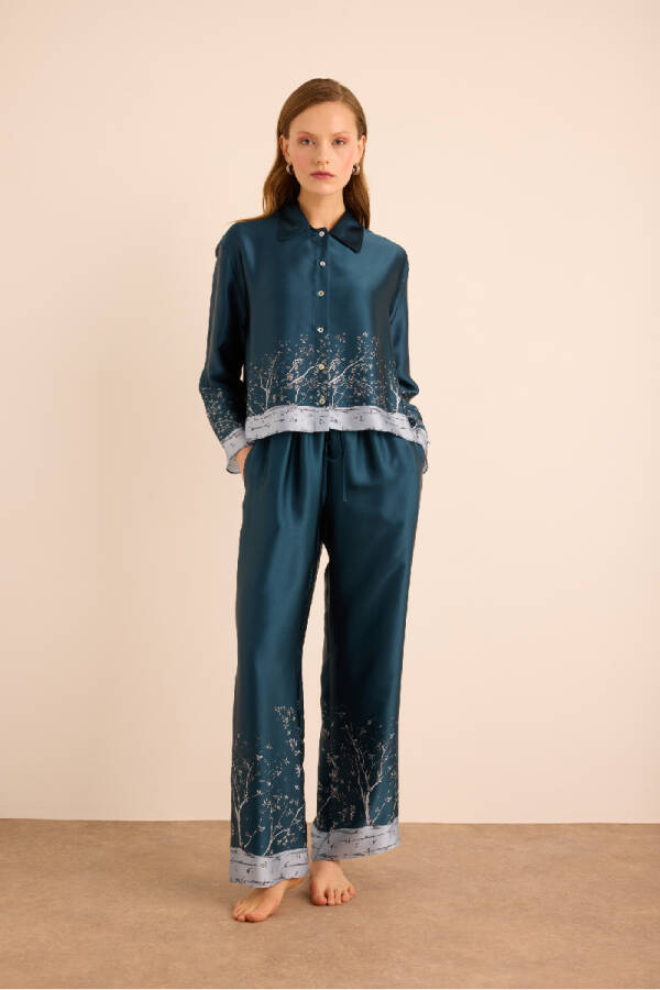 İndigo Desenli İpek ,Önden Düğmeli Pijama Üstü - 1