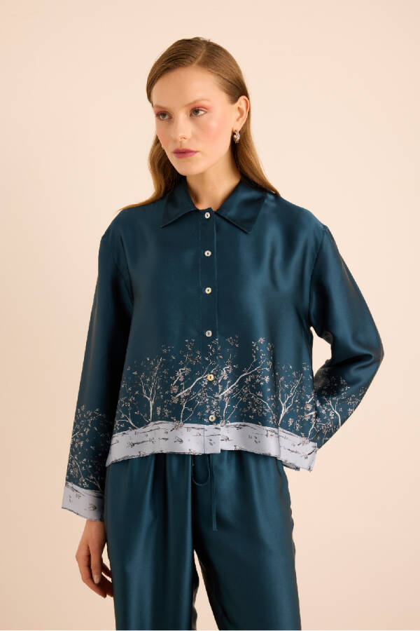 İndigo Desenli İpek ,Önden Düğmeli Pijama Üstü - 3