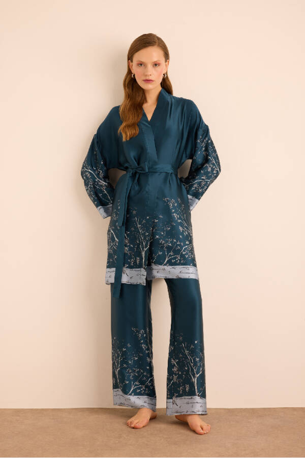 İndigo Desenli İpek ,Seyyar Kuşaklı Sabahlık - Aker (1)