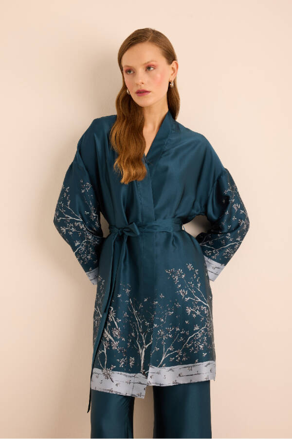 İndigo Desenli İpek ,Seyyar Kuşaklı Sabahlık - 3