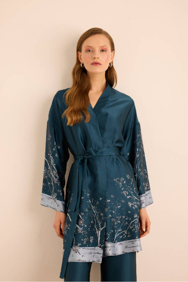 İndigo Desenli İpek ,Seyyar Kuşaklı Sabahlık - 4