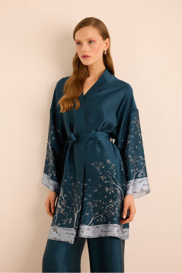 İndigo Desenli İpek ,Seyyar Kuşaklı Sabahlık - 6