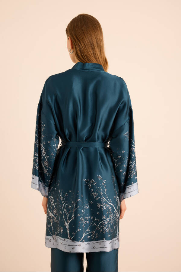 İndigo Desenli İpek ,Seyyar Kuşaklı Sabahlık - 7