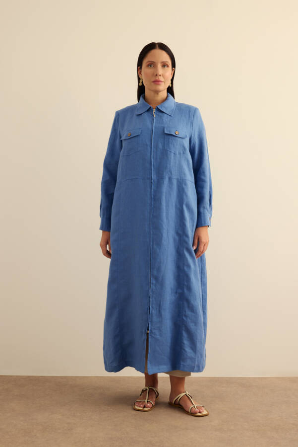 İndigo Fermuarlı Keten Ferace - 4