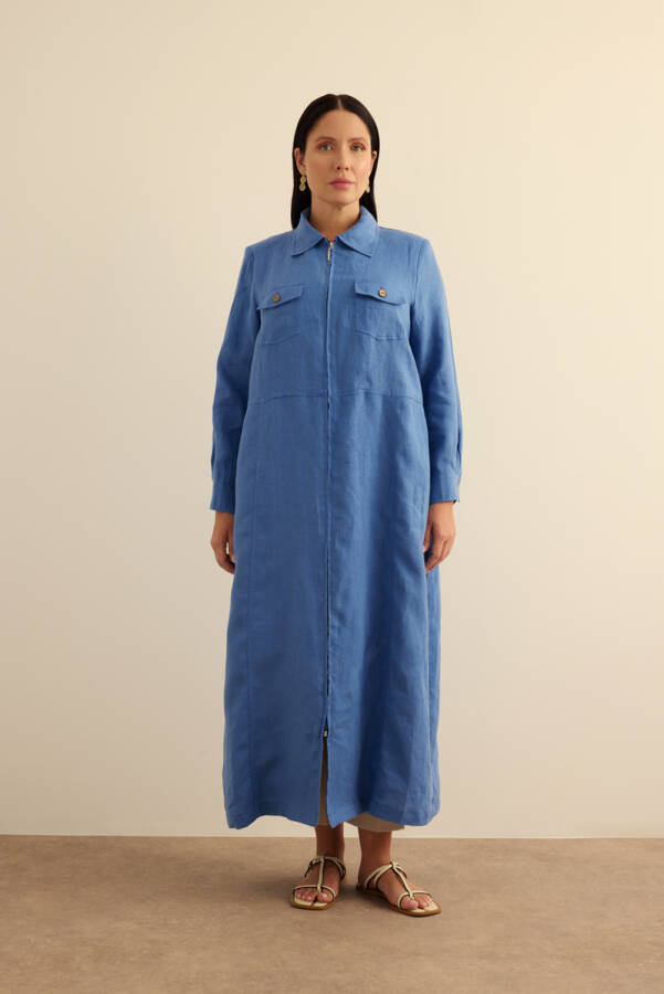 İndigo Fermuarlı Keten Ferace - 5