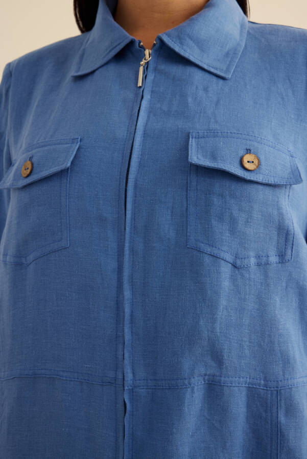 İndigo Fermuarlı Keten Ferace - 5