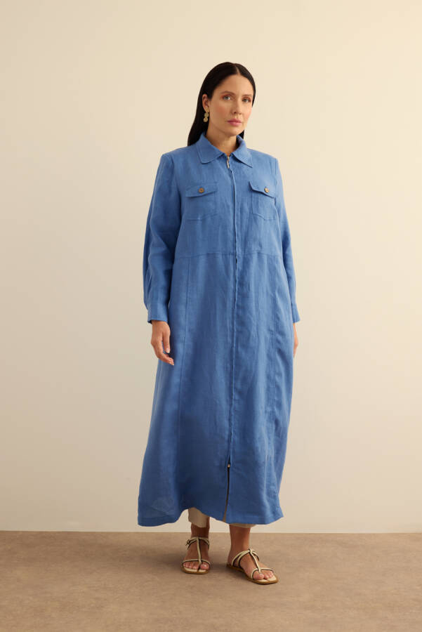 İndigo Fermuarlı Keten Ferace - 1