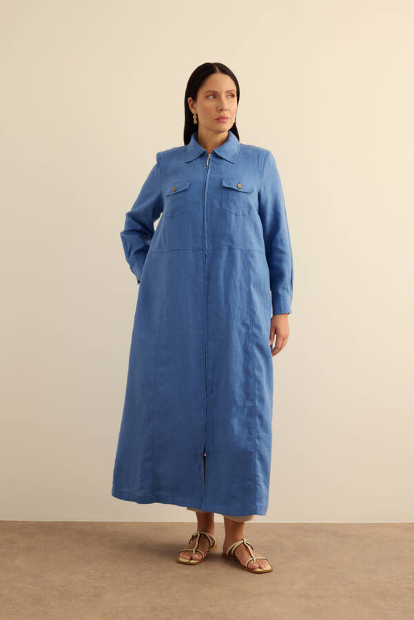 İndigo Fermuarlı Keten Ferace - Aker (1)
