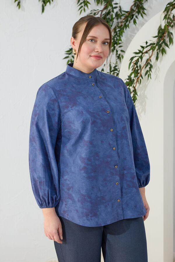 İndigo Hakim Yaka Desenli Bluz - 5