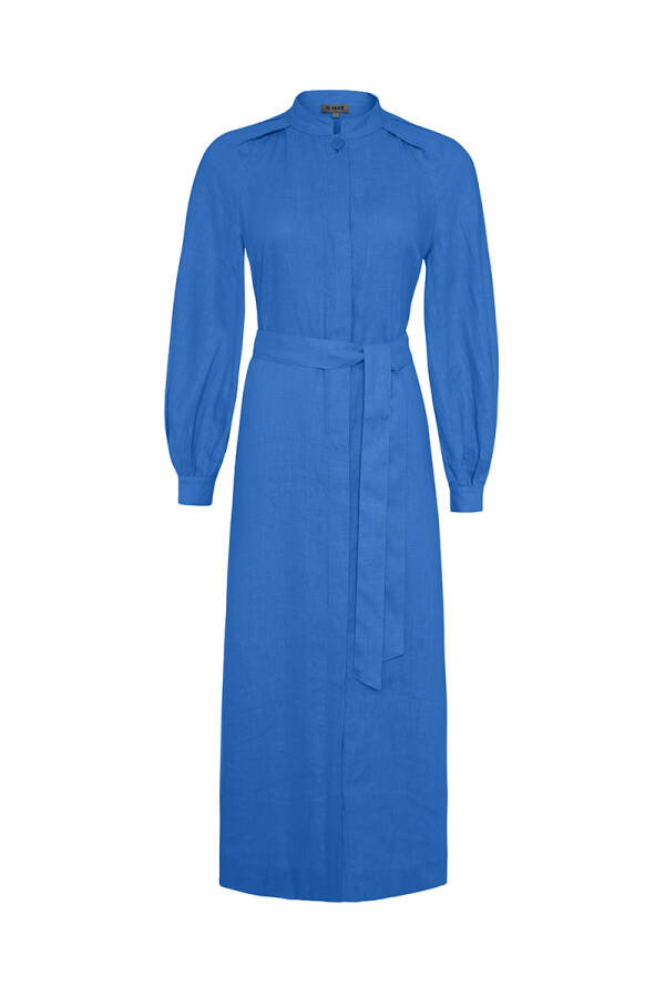 İndigo Hakim Yaka Keten Elbise - Aker