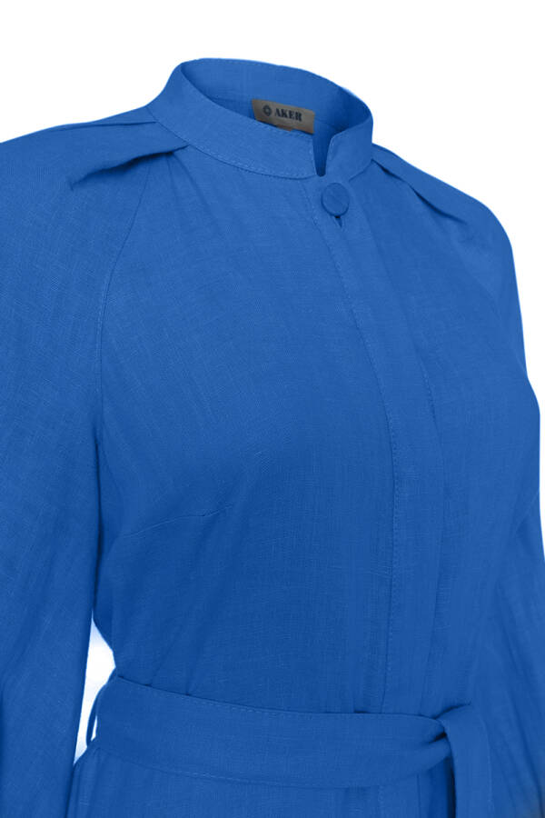 İndigo Hakim Yaka Keten Elbise - Aker (1)