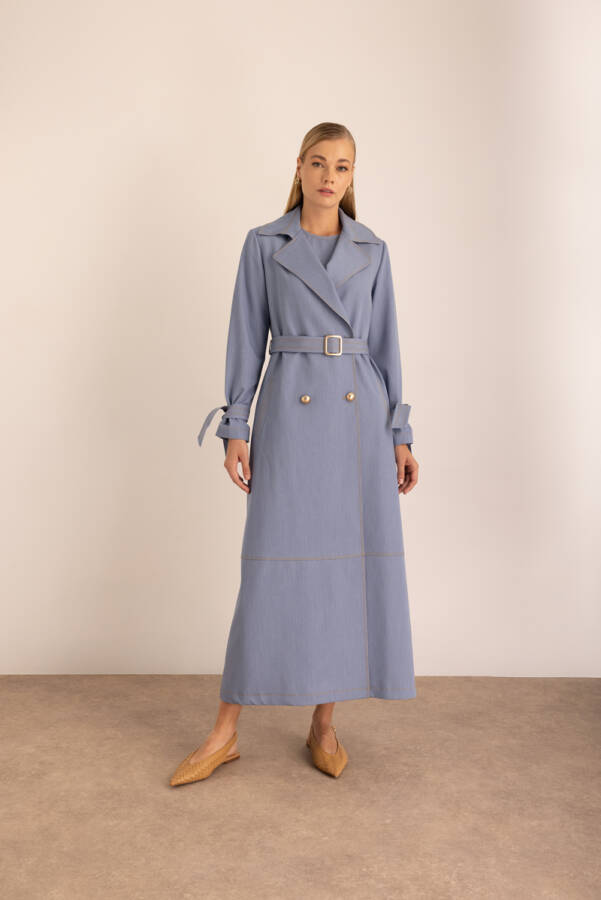 İndigo Kemerli Kruvaze Kapamalı Trençkot - Aker