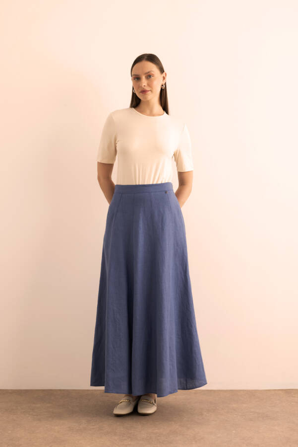 İndigo Kloş Yırtmaçllı Keten Etek - 3