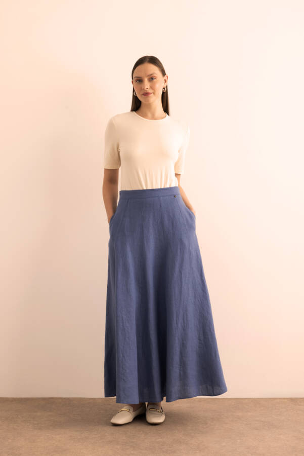 İndigo Kloş Yırtmaçllı Keten Etek - Aker