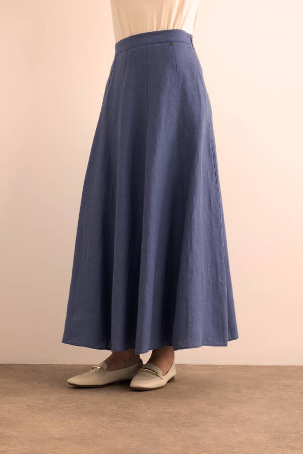 İndigo Kloş Yırtmaçllı Keten Etek - 5