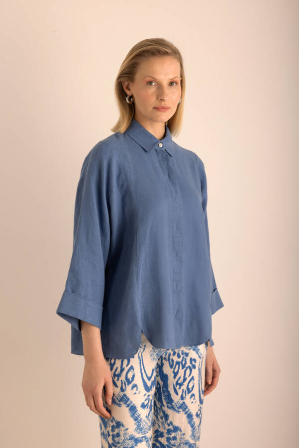 İndigo Rahat Form Keten Bluz - Aker (1)