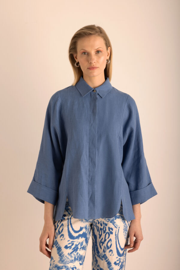 İndigo Rahat Form Keten Bluz - 5