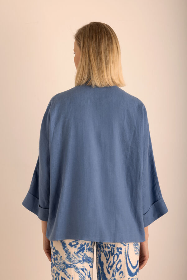 İndigo Rahat Form Keten Bluz - 6